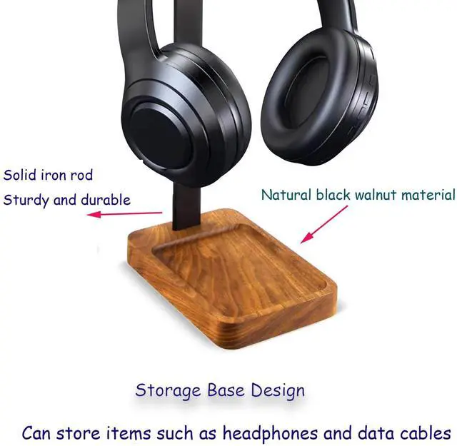 Alt view image 5 of 5 - Lurockie Headphone Stand for Desk, Walnut Wood and Iron Headset Holder, Universal Desktop Headphone Stand, Headphones Holder for Gaming Headsets