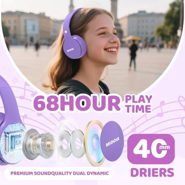 Alt view image 3 of 5 - MIDOLA Kids Headphones Bluetooth 5.3 Wireless 60H Play Time Volume Limit 85/110dB Over Ear Foldable Protection Headset/Wired AUX Cord Mic for Boy Girl Travel School Phone Pad Tablet Light Purple