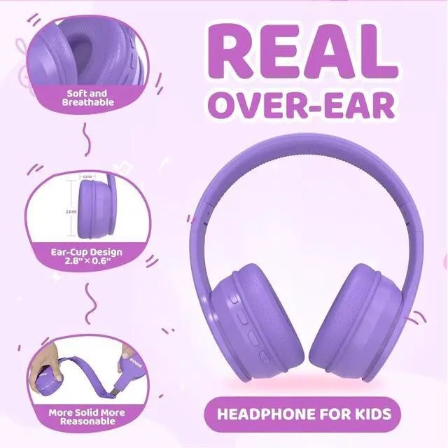 Alt view image 4 of 5 - MIDOLA Kids Headphones Bluetooth 5.3 Wireless 60H Play Time Volume Limit 85/110dB Over Ear Foldable Protection Headset/Wired AUX Cord Mic for Boy Girl Travel School Phone Pad Tablet Light Purple