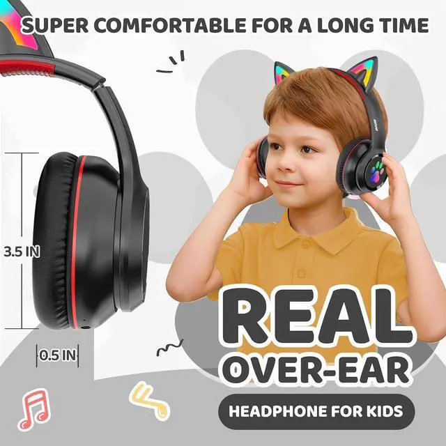 Alt view image 3 of 5 - MIDOLA Kids Headphones Cat Ear Wireless Bluetooth 5.3 60H Over Ear, 8H with Led Light Foldable Headset with Aux 3.5mm Mic for Travel Pad Tablet Black