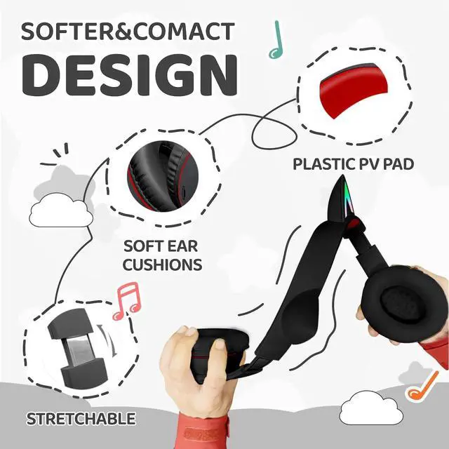 Alt view image 5 of 5 - MIDOLA Kids Headphones Cat Ear Wireless Bluetooth 5.3 60H Over Ear, 8H with Led Light Foldable Headset with Aux 3.5mm Mic for Travel Pad Tablet Black