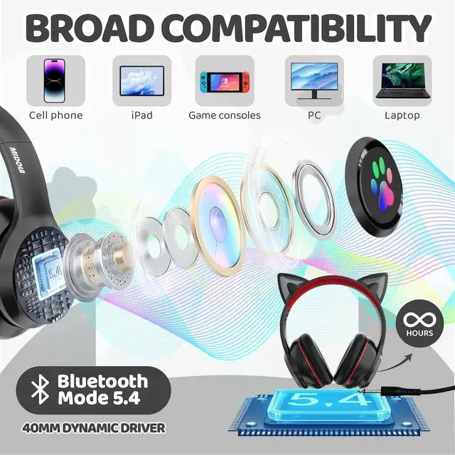 Alt view image 4 of 5 - MIDOLA Kids Headphones Cat Ear Wireless Bluetooth 5.3 60H Over Ear, 8H with Led Light Foldable Headset with Aux 3.5mm Mic for Travel Pad Tablet Black