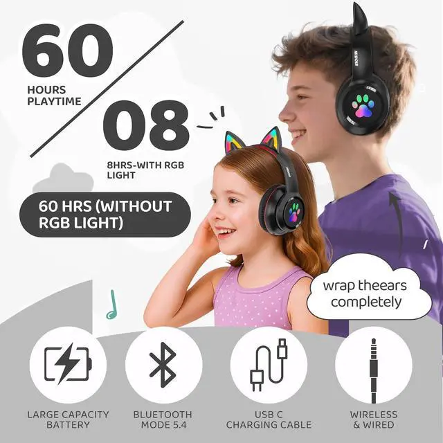 Alt view image 2 of 5 - MIDOLA Kids Headphones Cat Ear Wireless Bluetooth 5.3 60H Over Ear, 8H with Led Light Foldable Headset with Aux 3.5mm Mic for Travel Pad Tablet Black