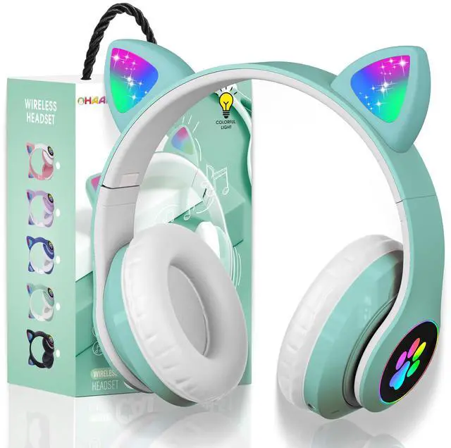 Main image of KERHAND Bluetooth Headphones for Kids, Cute Ear Cat Ear LED Light Up Foldable Headphones Stereo Over Ear with Microphone/TF Card Wireless Headphone for iPhone/iPad/Smartphone/Laptop/PC/TV (Green)