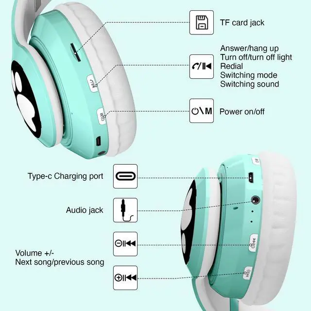 Alt view image 5 of 5 - KERHAND Bluetooth Headphones for Kids, Cute Ear Cat Ear LED Light Up Foldable Headphones Stereo Over Ear with Microphone/TF Card Wireless Headphone for iPhone/iPad/Smartphone/Laptop/PC/TV (Green)