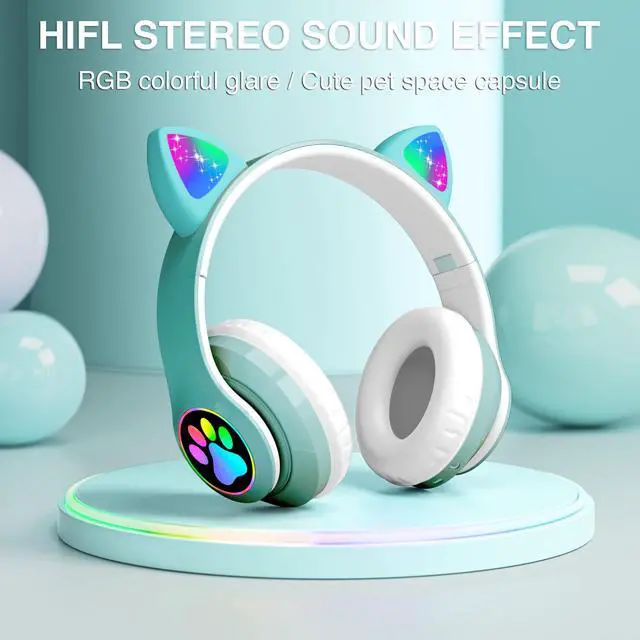 Alt view image 4 of 5 - KERHAND Bluetooth Headphones for Kids, Cute Ear Cat Ear LED Light Up Foldable Headphones Stereo Over Ear with Microphone/TF Card Wireless Headphone for iPhone/iPad/Smartphone/Laptop/PC/TV (Green)