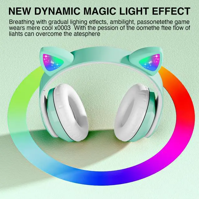 Alt view image 3 of 5 - KERHAND Bluetooth Headphones for Kids, Cute Ear Cat Ear LED Light Up Foldable Headphones Stereo Over Ear with Microphone/TF Card Wireless Headphone for iPhone/iPad/Smartphone/Laptop/PC/TV (Green)