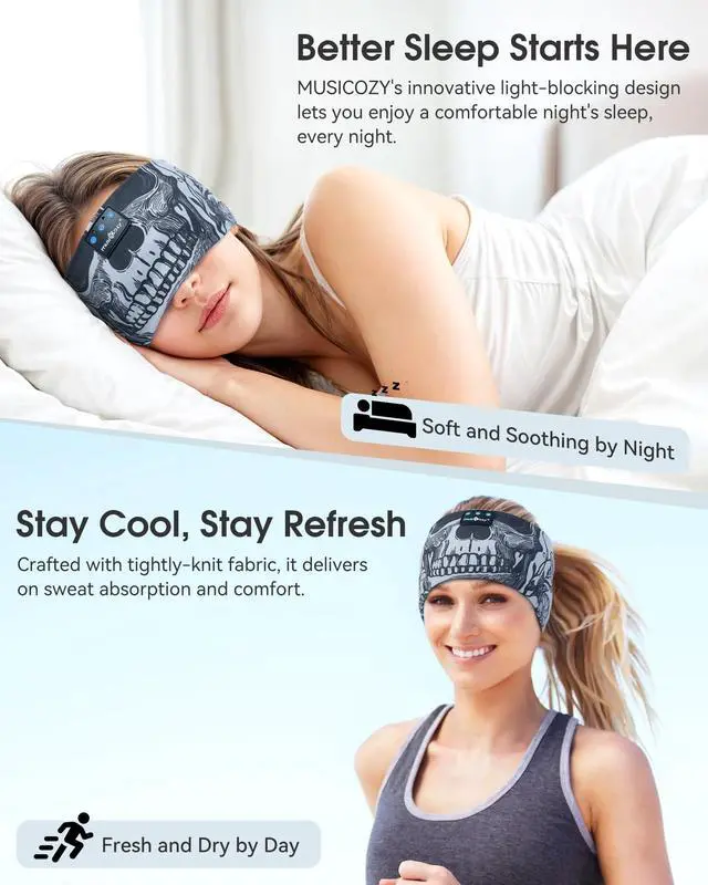 Alt view image 4 of 5 - MUSICOZY Sleep Headphones Bluetooth Headband, Sleep Mask with Bluetooth Sleep Headphones, Sports Sleeping Headphones Sleep Earbuds with Ultra-Thin HD Stereo Speakers for Travel Workout, 2 Packs