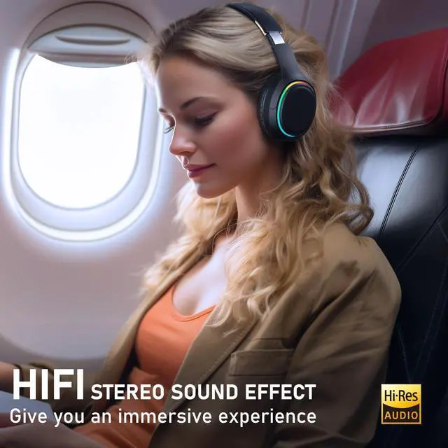 Alt view image 2 of 5 - OOYY Foldable Over-Ear Headphones with Hidden Mic for Cell Phone, Wireless Bluetooth Headphones with RGB LED Lighting (Black)