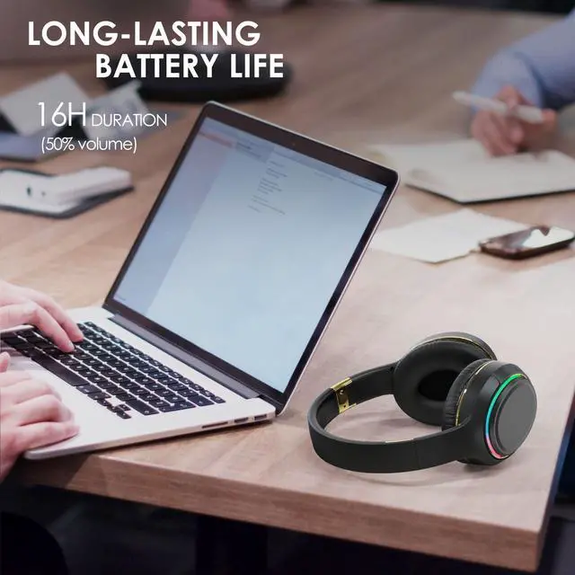 Alt view image 3 of 5 - OOYY Foldable Over-Ear Headphones with Hidden Mic for Cell Phone, Wireless Bluetooth Headphones with RGB LED Lighting (Black)