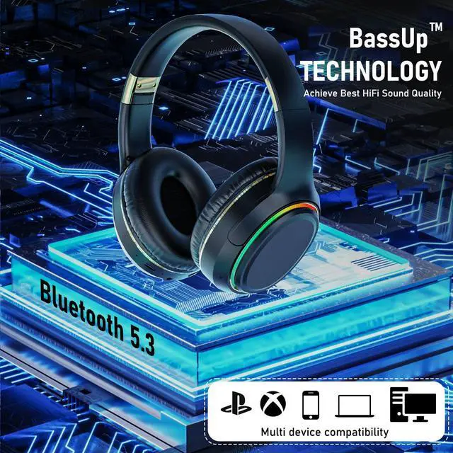 Alt view image 5 of 5 - OOYY Foldable Over-Ear Headphones with Hidden Mic for Cell Phone, Wireless Bluetooth Headphones with RGB LED Lighting (Black)