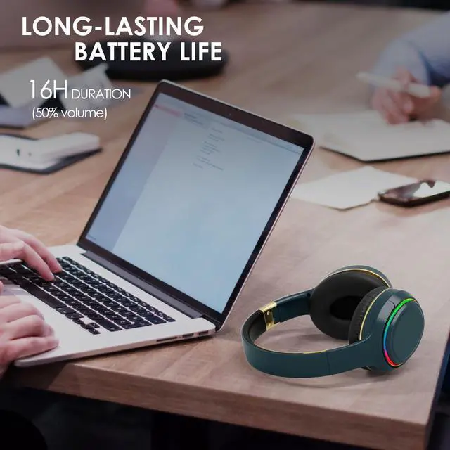 Alt view image 3 of 5 - OOYY Wireless Bluetooth Headphones with RGB LED Lighting, Foldable Over-Ear Headphones with Hidden Mic for Cell Phone, Laptop, PC, Suitable for School, Workouts, Listening Music, and Gaming (Blue)