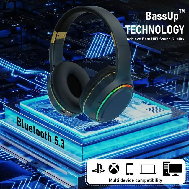 Alt view image 5 of 5 - OOYY Wireless Bluetooth Headphones with RGB LED Lighting, Foldable Over-Ear Headphones with Hidden Mic for Cell Phone, Laptop, PC, Suitable for School, Workouts, Listening Music, and Gaming (Blue)