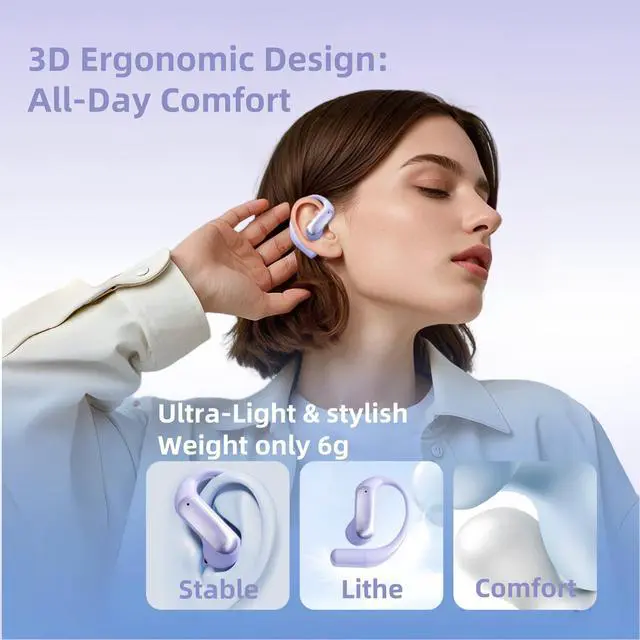Alt view image 2 of 5 - otinsile Stylish Bluetooth Earbuds Over Ear for Women - Wireless Open Ear Earbuds with 60H Playtime, BT5.4, 14.2mm Bass, IPX5 Waterproof, Secure Earhooks for Workouts/Running(Purple)