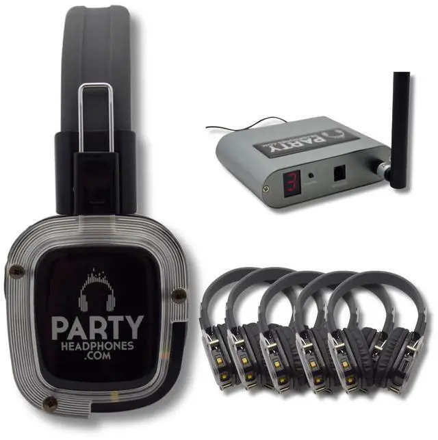 Main image of Party Headphones 5 x Wireless RF Silent Disco Headphones, 1 x RF Transmitter | HD Strong Bass | No Sync Delay | 1500ft Range | As seen on Netflix | Ideal for TV, Home Theater, Outdoor Party