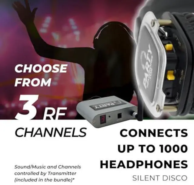 Alt view image 4 of 5 - Party Headphones 5 x Wireless RF Silent Disco Headphones, 1 x RF Transmitter | HD Strong Bass | No Sync Delay | 1500ft Range | As seen on Netflix | Ideal for TV, Home Theater, Outdoor Party