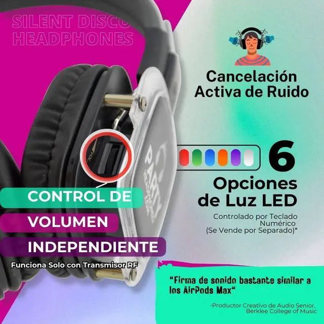 Alt view image 5 of 5 - Party Headphones 5 x Wireless RF Silent Disco Headphones, 1 x RF Transmitter | HD Strong Bass | No Sync Delay | 1500ft Range | As seen on Netflix | Ideal for TV, Home Theater, Outdoor Party