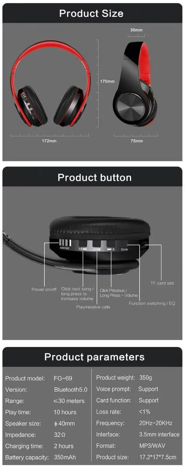 Alt view image 5 of 5 - PRIME ANIS Hybrid Noise Cancelling Headphones, Wireless Bluetooth Over-Ear, Black with Color Accents, Built-in Mic, HiFi Stereo Sound, Foldable Design- Headset (Red)