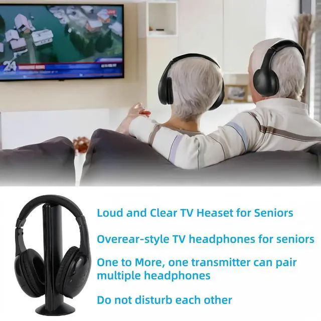 Alt view image 4 of 5 - Wireless TV Headphones, Wireless Headphones for TV Watching with Transmitter Base, Wireless TV Headset with FM Radio Monitor Function for Seniors, Support RCA, AUX, Optic and Coaxial Audio Out Port