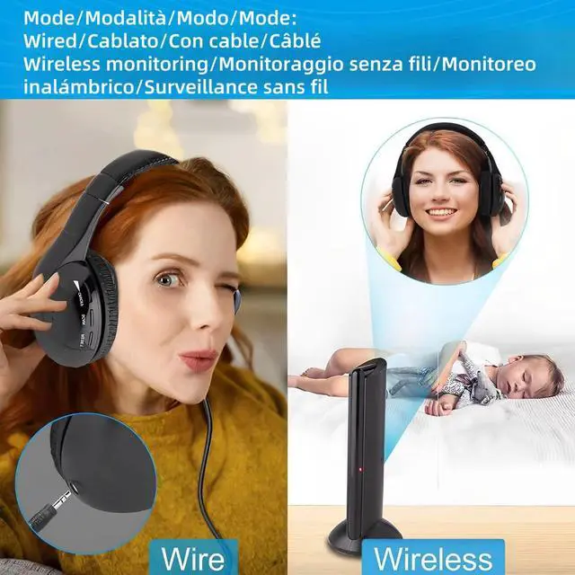 Alt view image 5 of 5 - Wireless TV Headphones, Wireless Headphones for TV Watching with Transmitter Base, Wireless TV Headset with FM Radio Monitor Function for Seniors, Support RCA, AUX, Optic and Coaxial Audio Out Port