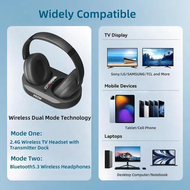 Alt view image 4 of 5 - Wireless TV Headphones, 2.4G And Bluetooth 5.3 Dual Mode Elderly TV Wireless Headset, No Lip-sync Delay Over-ear Loud Headphones, Elderly Friendly With Transmitter Dock, Support Optical/USB/RCA/BT