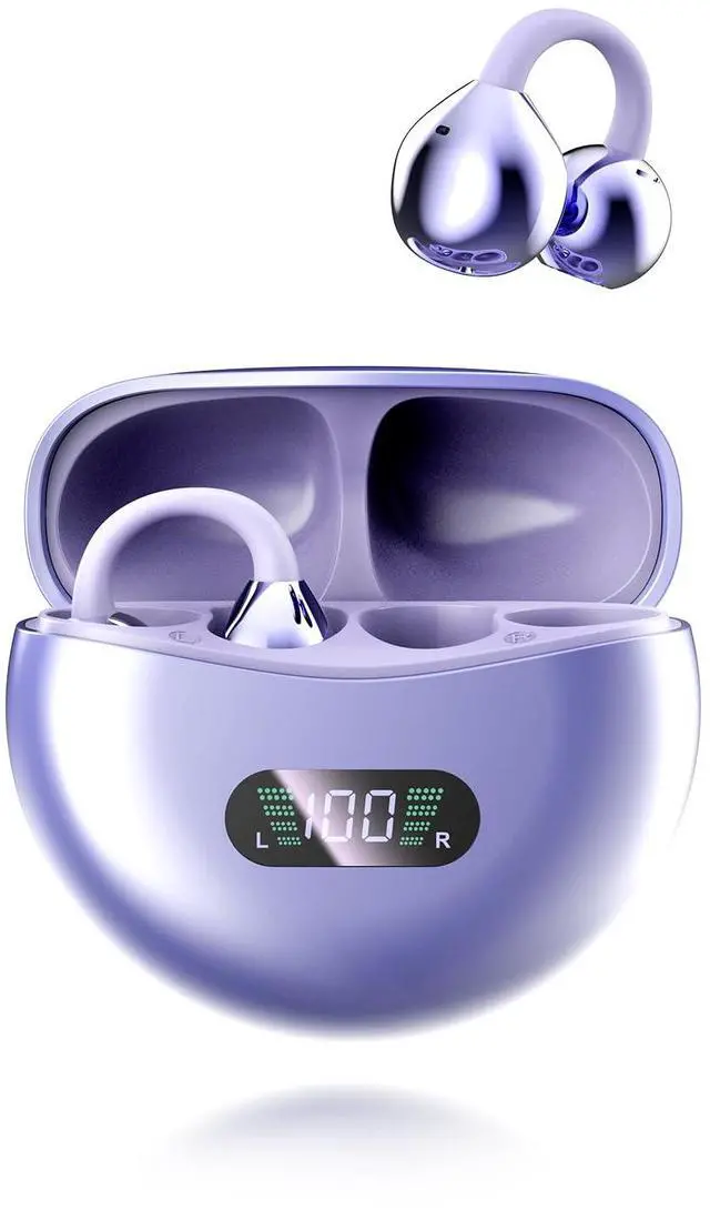 Main image of PUREMIC Clip on Earbuds Open Ear Wireless Bluetooth 5.4 Headphones, 60H Playback LED Power Display Earphones with Wireless Charging Case, IPX7 Waterproof Ear Buds for Phone Laptop Computer (Purple)