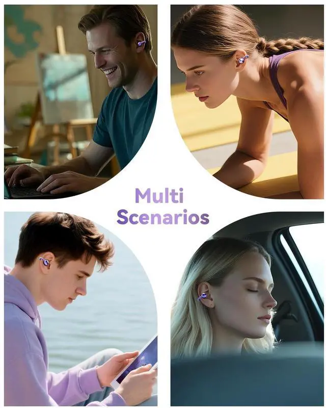 Alt view image 2 of 5 - PUREMIC Clip on Earbuds Open Ear Wireless Bluetooth 5.4 Headphones, 60H Playback LED Power Display Earphones with Wireless Charging Case, IPX7 Waterproof Ear Buds for Phone Laptop Computer (Purple)