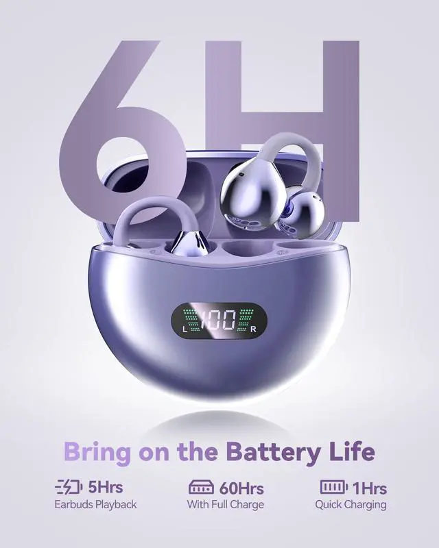 Alt view image 4 of 5 - PUREMIC Clip on Earbuds Open Ear Wireless Bluetooth 5.4 Headphones, 60H Playback LED Power Display Earphones with Wireless Charging Case, IPX7 Waterproof Ear Buds for Phone Laptop Computer (Purple)