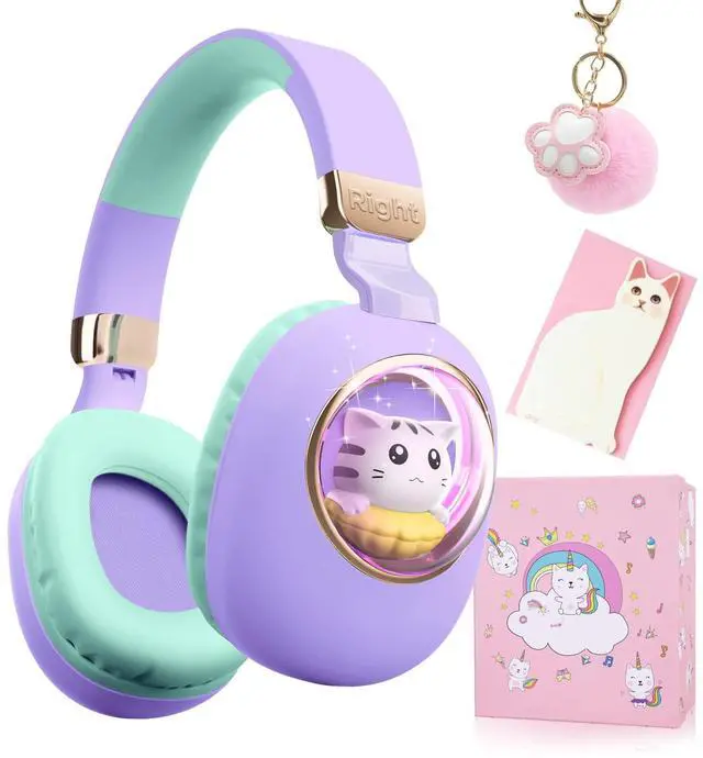 Main image of QearFun Kids Bluetooth Headphones with Mic, Led Light Up Cat Over Ear Wireless Headphones for iPad/Tablet/PC/School, Birthday Gifts for Girls/Kids/Toddler (Purple)