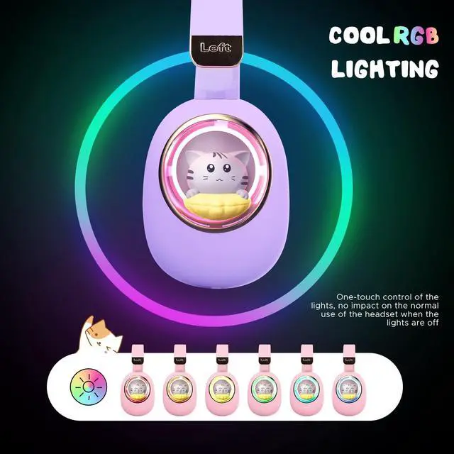 Alt view image 3 of 5 - QearFun Kids Bluetooth Headphones with Mic, Led Light Up Cat Over Ear Wireless Headphones for iPad/Tablet/PC/School, Birthday Gifts for Girls/Kids/Toddler (Purple)