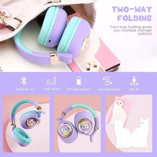 Alt view image 4 of 5 - QearFun Kids Bluetooth Headphones with Mic, Led Light Up Cat Over Ear Wireless Headphones for iPad/Tablet/PC/School, Birthday Gifts for Girls/Kids/Toddler (Purple)