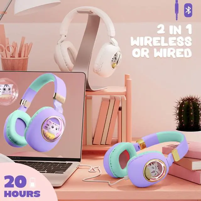 Alt view image 5 of 5 - QearFun Kids Bluetooth Headphones with Mic, Led Light Up Cat Over Ear Wireless Headphones for iPad/Tablet/PC/School, Birthday Gifts for Girls/Kids/Toddler (Purple)