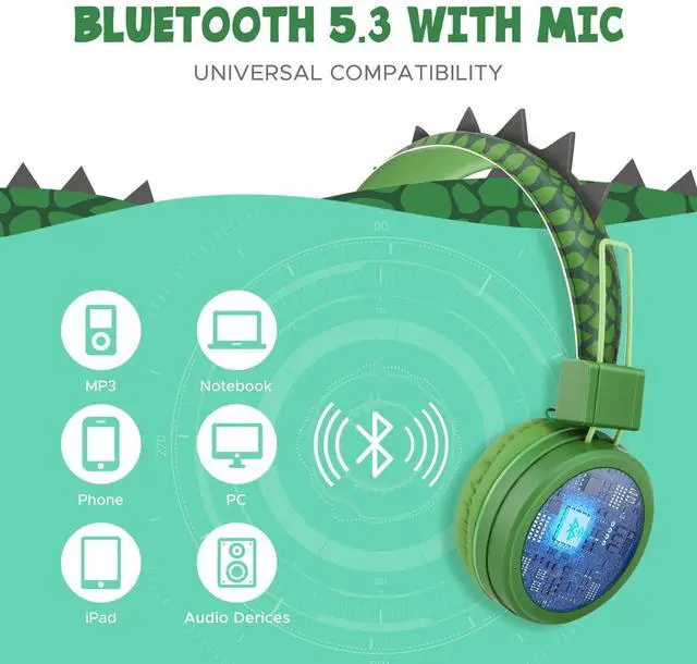 Alt view image 3 of 5 - QearFun Kids Bluetooth Headphones, Dinosaur Kids Headphones Wireless with Microphone, Safe Volume 85 dBA, Bluetooth 5.3, Girls Toddler Headphones with Aux Cord for iPad/Tablet/Travel/School, Green