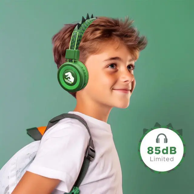Alt view image 2 of 5 - QearFun Kids Bluetooth Headphones, Dinosaur Kids Headphones Wireless with Microphone, Safe Volume 85 dBA, Bluetooth 5.3, Girls Toddler Headphones with Aux Cord for iPad/Tablet/Travel/School, Green