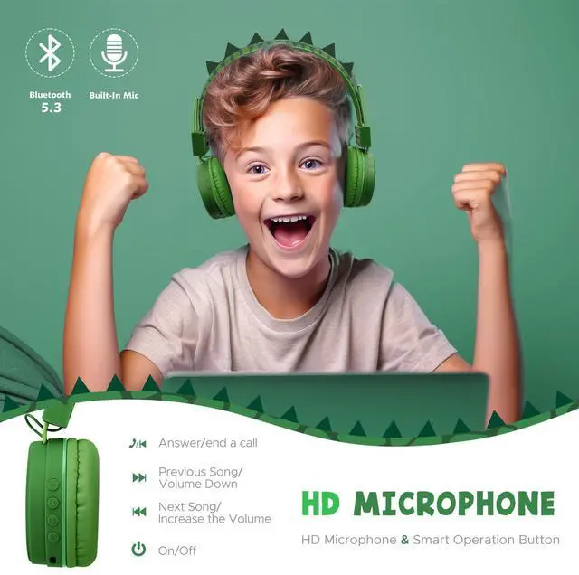 Alt view image 4 of 5 - QearFun Kids Bluetooth Headphones, Dinosaur Kids Headphones Wireless with Microphone, Safe Volume 85 dBA, Bluetooth 5.3, Girls Toddler Headphones with Aux Cord for iPad/Tablet/Travel/School, Green