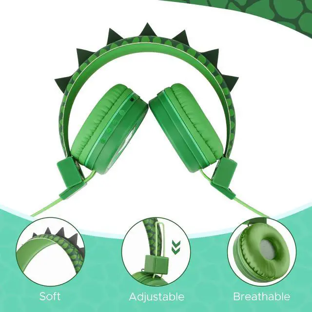 Alt view image 5 of 5 - QearFun Kids Bluetooth Headphones, Dinosaur Kids Headphones Wireless with Microphone, Safe Volume 85 dBA, Bluetooth 5.3, Girls Toddler Headphones with Aux Cord for iPad/Tablet/Travel/School, Green