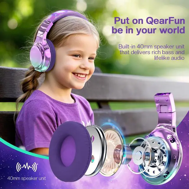 Alt view image 3 of 5 - QearFun Kids Bluetooth 5.3 Headphones, Wireless Metallic Gradient Headset, Lightweight Foldable On Ear Headphones with Aux Cord, Fast Charging, Built-in Mic, for School/Travel/Tablet/iPad