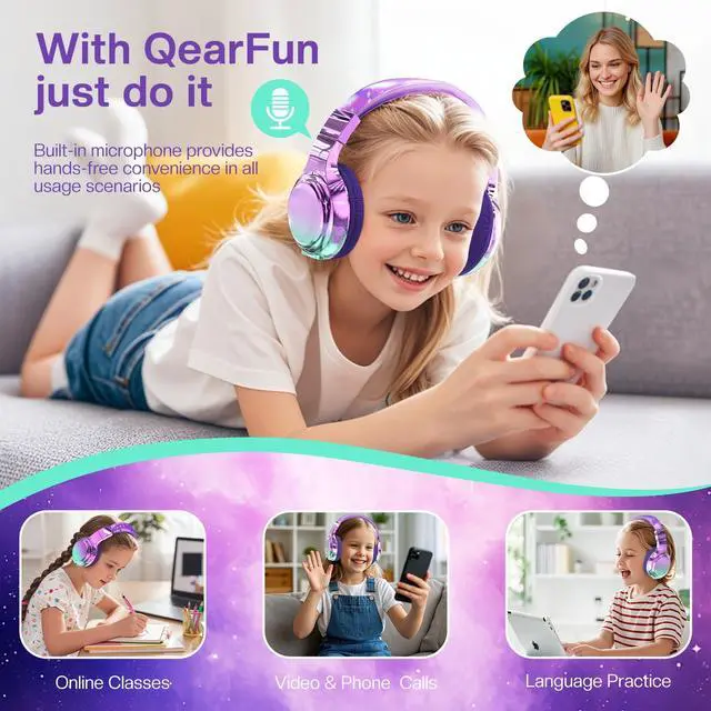 Alt view image 4 of 5 - QearFun Kids Bluetooth 5.3 Headphones, Wireless Metallic Gradient Headset, Lightweight Foldable On Ear Headphones with Aux Cord, Fast Charging, Built-in Mic, for School/Travel/Tablet/iPad