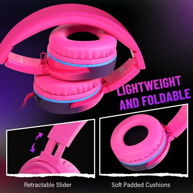 Alt view image 3 of 5 - rockpapa Grade Wired Headphones with Microphone, Lightweight Foldable Stereo Bass Headphones with No-Tangle Cord & 3.5mm Jack for Women/Kids, Laptop Tablet Airplane Chromebooks Pink