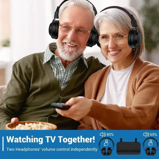 Alt view image 4 of 5 - ROSIDA Dual Wireless Headphones for TV Watching with Transmitter, Headset Stand, TV Headphones for Seniors, 295FT Range with Optical, AUX, RCA,USB, High Volume Control, Long Playtime, No Delay, Black