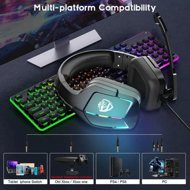Alt view image 2 of 5 - RUIXI TECH S12 Wired Stereo Gaming Headset with Bass, RGB LED, Compatible with Xbox One, PS5, Switch, PC, Laptop - Includes Microphone