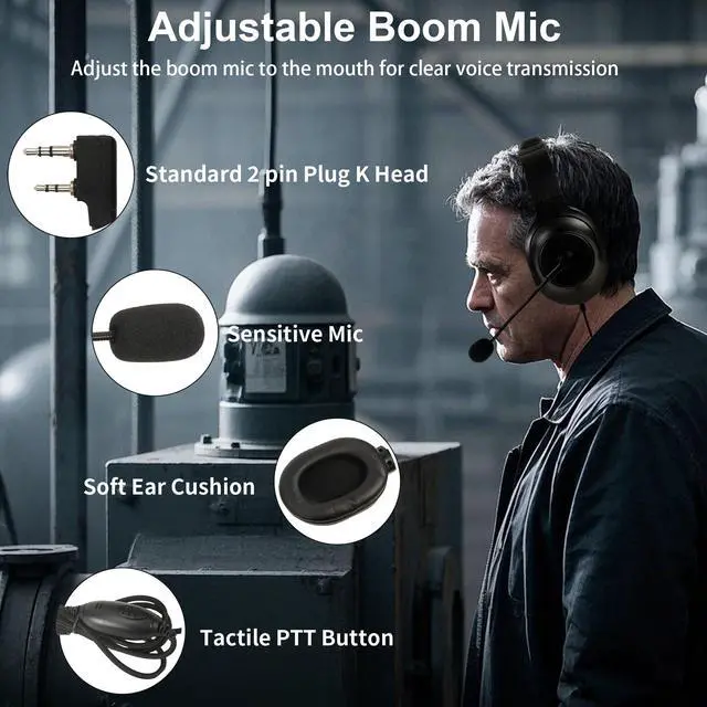 Alt view image 4 of 5 - SAMCOM Over Ear Radio Earpiece with Boom Mic,Walkie Talkie Overhead Headphone with PTT-VOX Microphone 2 Pin K Type Racing Headsets Ear Piece for FPCN30A radios