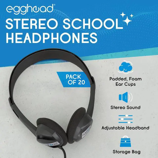 Alt view image 2 of 5 - Egghead Over-Ear Kids' Stereo Headphones with 3.5 mm. Audio Jack and 4'3" Cord, Adjustable Stereo School Headphones for Kids, Pack of 20, Black