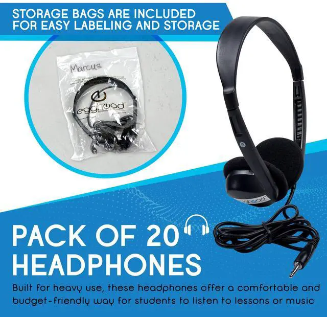 Alt view image 3 of 5 - Egghead Over-Ear Kids' Stereo Headphones with 3.5 mm. Audio Jack and 4'3" Cord, Adjustable Stereo School Headphones for Kids, Pack of 20, Black