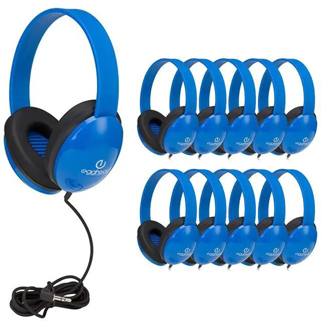 Main image of Egghead Heavy-Duty Kids' Headphones with Padded Ear Cups and 6' Cord, Adjustable Tangle-Free Plastic Classroom Headphones for Kids, Pack of 10, Blue