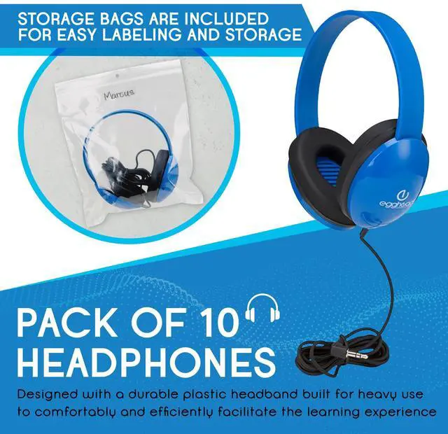 Alt view image 4 of 5 - Egghead Heavy-Duty Kids' Headphones with Padded Ear Cups and 6' Cord, Adjustable Tangle-Free Plastic Classroom Headphones for Kids, Pack of 10, Blue