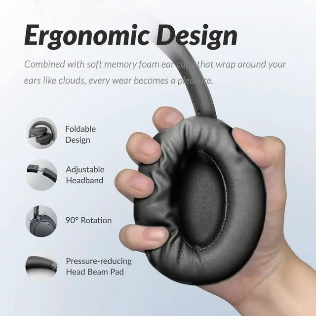 Alt view image 4 of 5 - TONEMAC H7Pro Bluetooth Headphones with -45dB Hybrid Active Noise Cancelling, 80H Playtime Wireless Over-Ear Headphones, Immersive Deep Bass Stereo, 4-Mic ENC Clear Calls, Personalized Comfort, Black