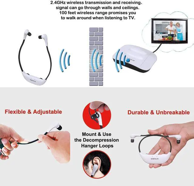 Alt view image 3 of 5 - SIMOLIO 2.4G Wireless TV Headsets with Spare Battery and Receiver, Long-Distance TV Headphone with Voice Highlighting, Tone and Balance Control for Seniors