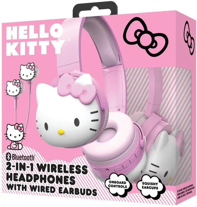Alt view image 4 of 5 - Hello Kitty 2-in-1 Wireless Bluetooth Headphones with Wired Earbuds - Foldable Over-Ear Headset with Built-in Mic, AUX Cable, Adjustable Headband, and Onboard Controls - Pink