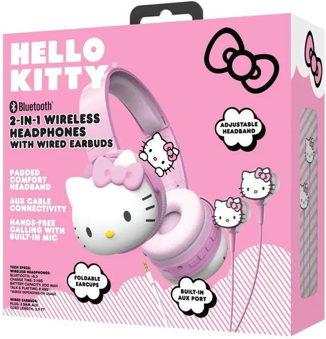 Alt view image 5 of 5 - Hello Kitty 2-in-1 Wireless Bluetooth Headphones with Wired Earbuds - Foldable Over-Ear Headset with Built-in Mic, AUX Cable, Adjustable Headband, and Onboard Controls - Pink
